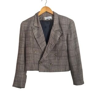 VTG Cropped Plaid Tweed Double Breasted Blazer 8 Silk Linen Poetcore Academia